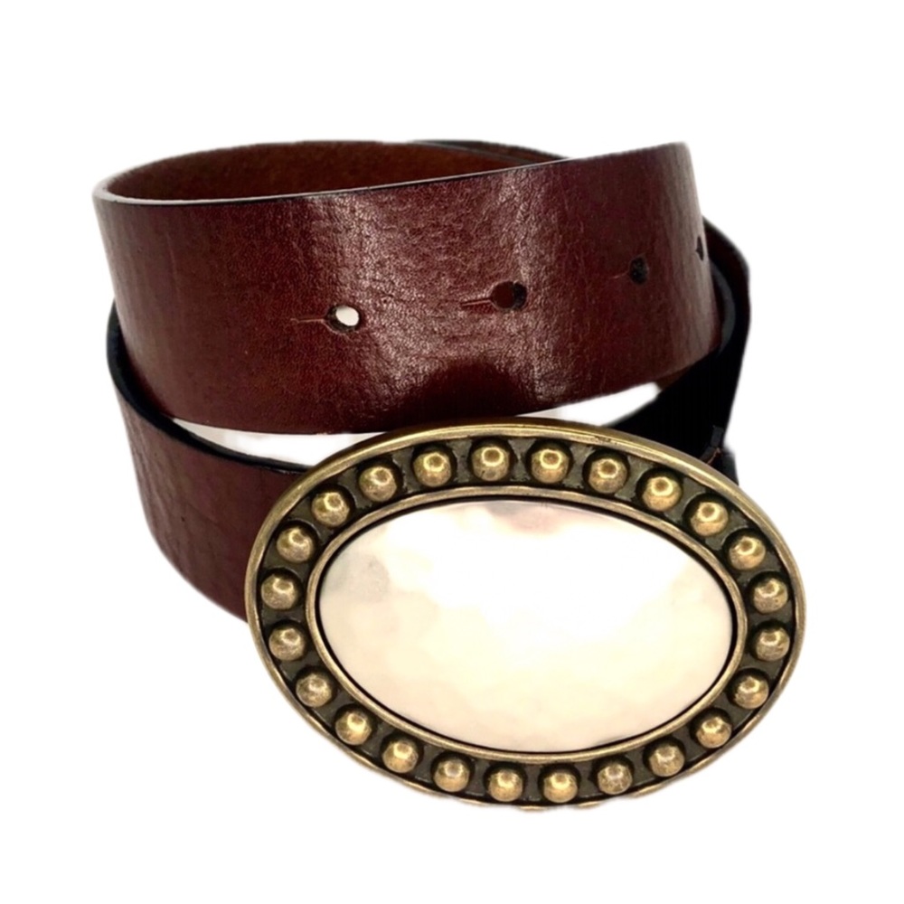 Fossil 2” Leather Belt With 3” Mother of Pearl Buckle Size Small